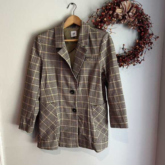 CAbi Jackets & Blazers - Cabi Pastime Blazer Jacket Size 10 Double Button Houndstooth Plaid Tan 3548